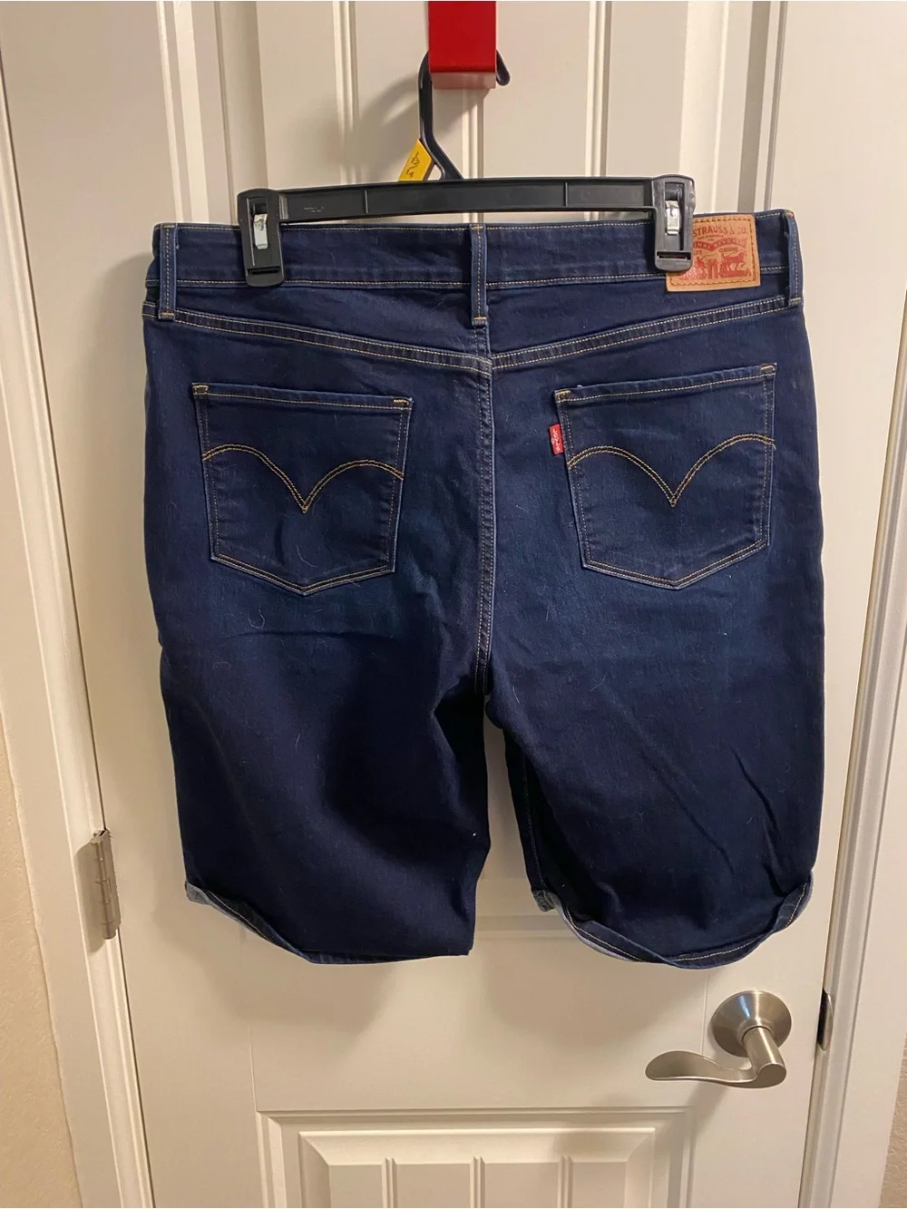 Levis 32 Jeans Shorts Dark Blue Bermuda Stretch Denim Rolled Cuff 14